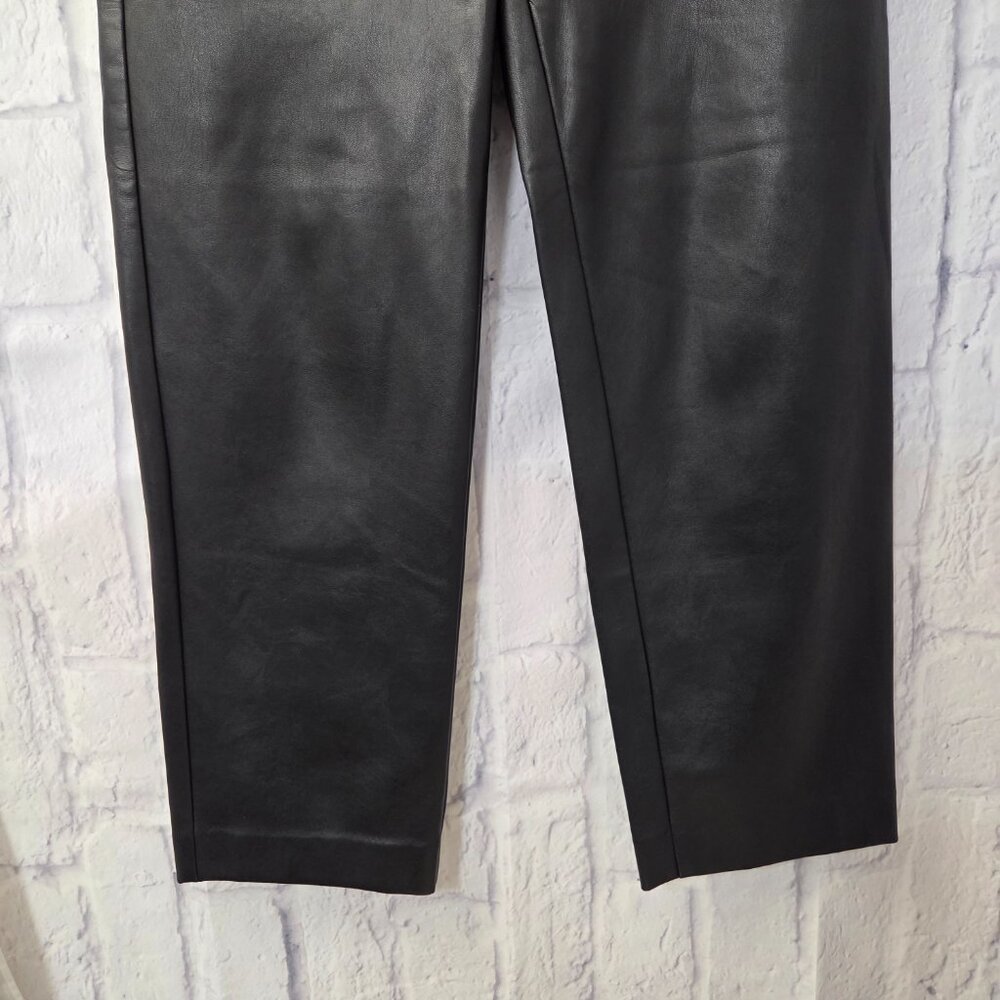 Ann Taylor Size 2 Black Faux Leather High Rise Straight Leg Pants Button Detail - Picture 3 of 10